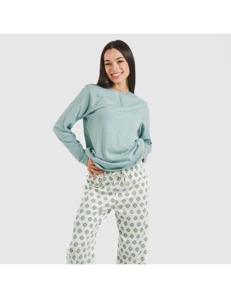 Pijama largo algodón Joy agua marina