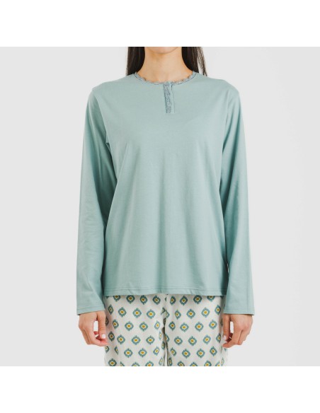 Pijama largo algodón Joy agua marina