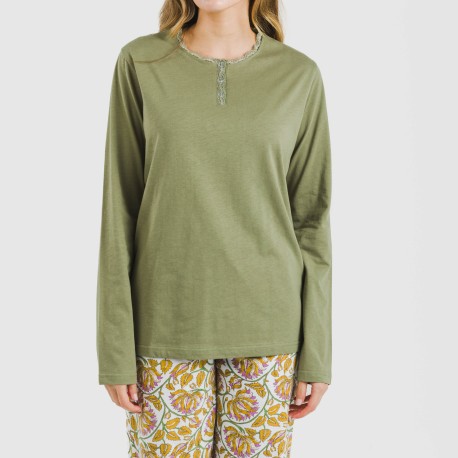 Pijama largo algodón Venus verde caceria