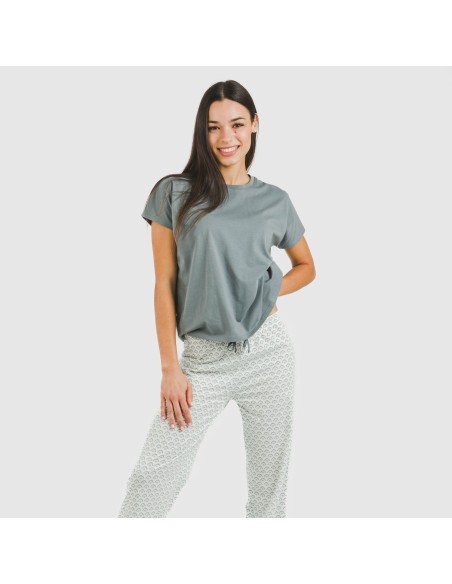 Pijama largo algodón mujer manga fluida Xenia verde azulado