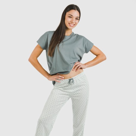 Pijama largo algodón mujer manga fluida Xenia verde azulado