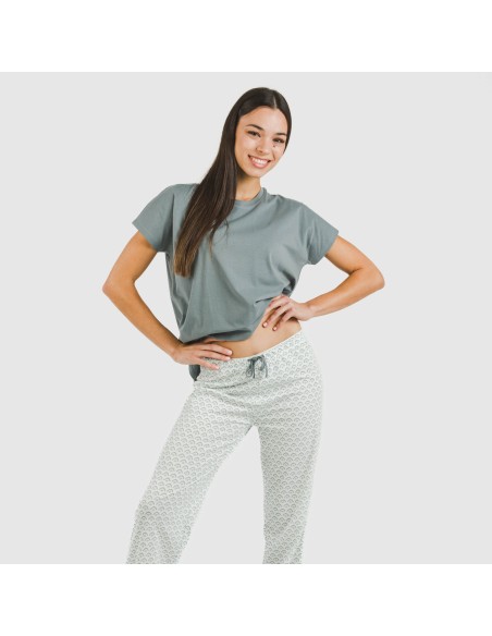 Pijama largo algodón mujer manga fluida Xenia verde azulado