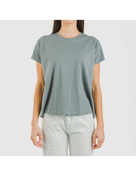 Pijama largo algodón mujer manga fluida Xenia verde azulado