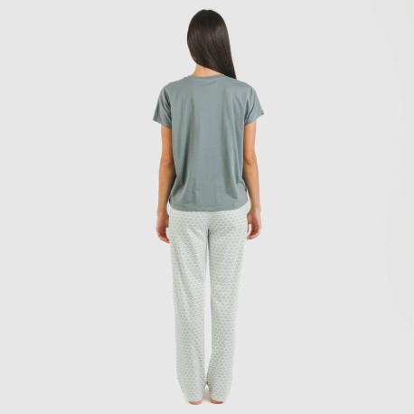 Pijama largo algodón mujer manga fluida Xenia verde azulado