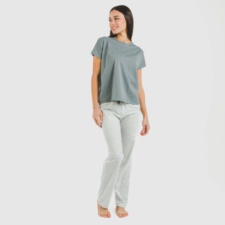 Pijama largo algodón mujer manga fluida Xenia verde azulado