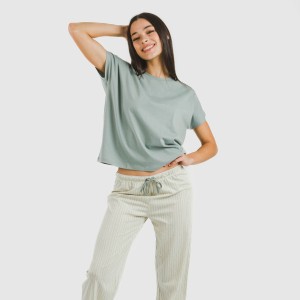 Pijama largo algodón mujer manga fluida Sarananda gris verdoso