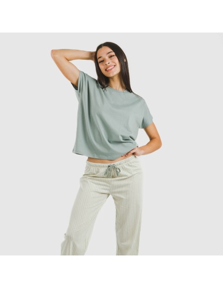 Pijama largo algodón mujer manga fluida Sarananda gris verdoso