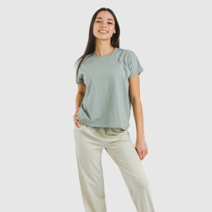 Pijama largo algodón mujer manga fluida Sarananda gris verdoso 2