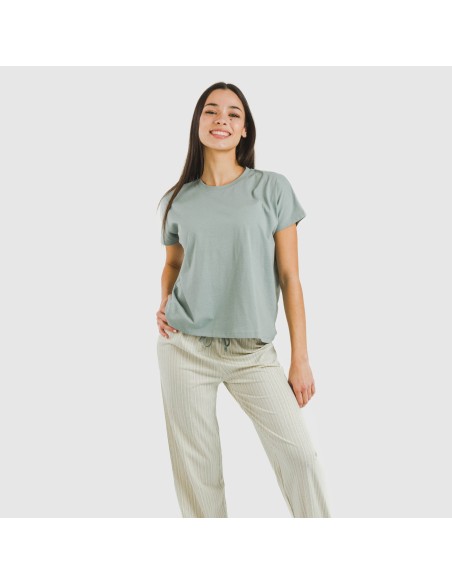 Pijama largo algodón mujer manga fluida Sarananda gris verdoso
