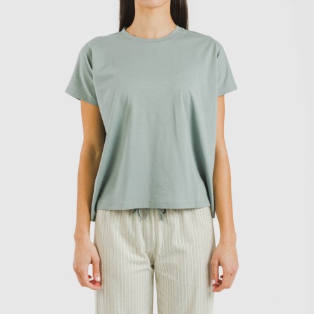 Pijama largo algodón mujer manga fluida Sarananda gris verdoso