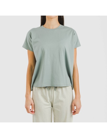 Pijama largo algodón mujer manga fluida Sarananda gris verdoso