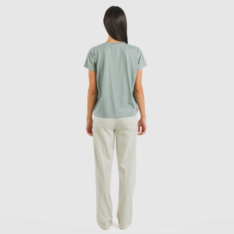 Pijama largo algodón mujer manga fluida Sarananda gris verdoso