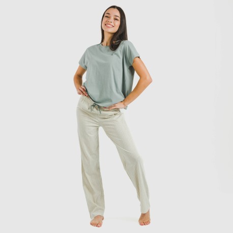Pijama largo algodón mujer manga fluida Sarananda gris verdoso