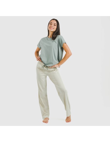 Pijama largo algodón mujer manga fluida Sarananda gris verdoso