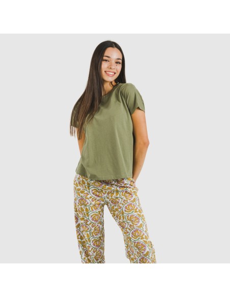Pijama largo algodón mujer manga fluida Venus verde caceria