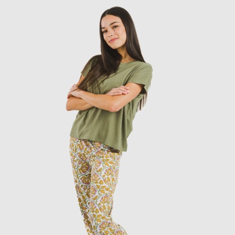 Pijama largo algodón mujer manga fluida Venus verde caceria