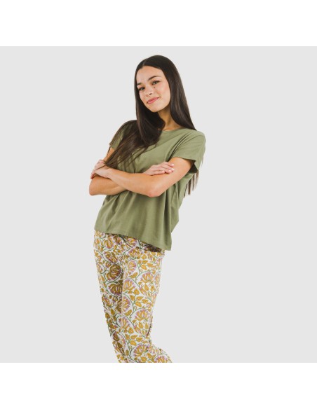 Pijama largo algodón mujer manga fluida Venus verde caceria