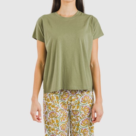 Pijama largo algodón mujer manga fluida Venus verde caceria