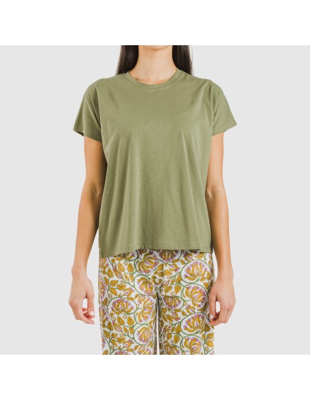 Pijama largo algodón mujer manga fluida Venus verde caceria