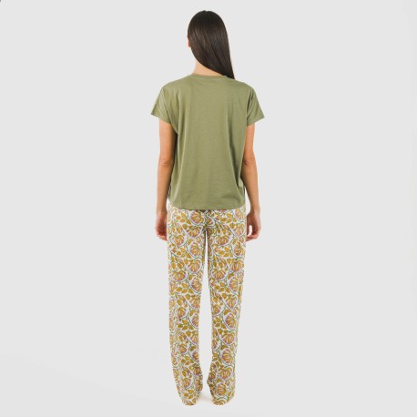 Pijama largo algodón mujer manga fluida Venus verde caceria