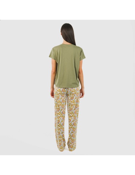 Pijama largo algodón mujer manga fluida Venus verde caceria