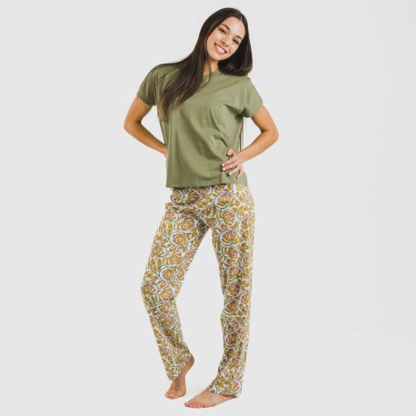 Pijama largo algodón mujer manga fluida Venus verde caceria