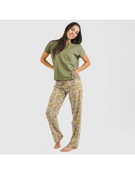 Pijama largo algodón mujer manga fluida Venus verde caceria