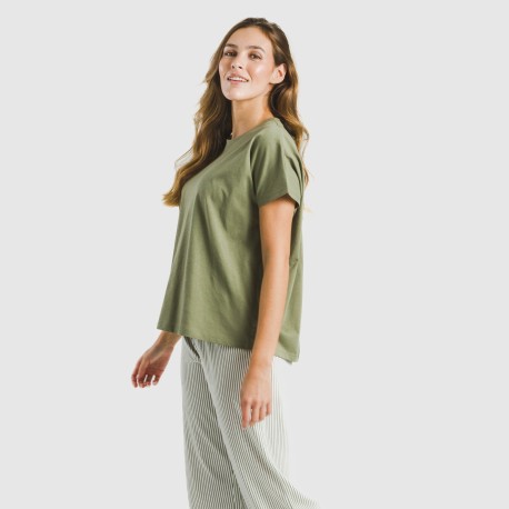 Pijama largo algodón mujer manga fluida Raya Mozarabe verde