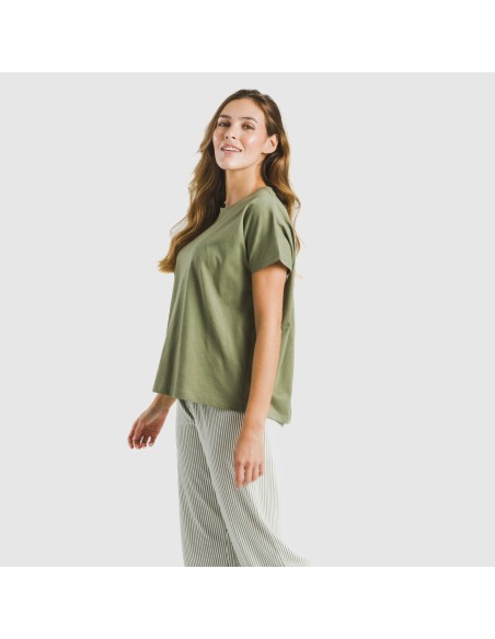 Pijama largo algodón mujer manga fluida Raya Mozarabe verde