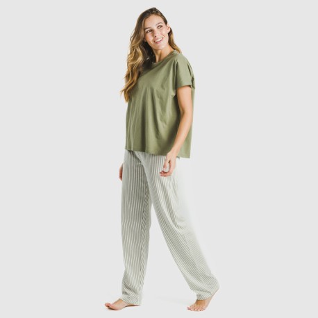Pijama largo algodón mujer manga fluida Raya Mozarabe verde