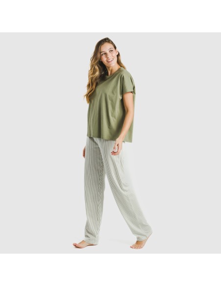 Pijama largo algodón mujer manga fluida Raya Mozarabe verde