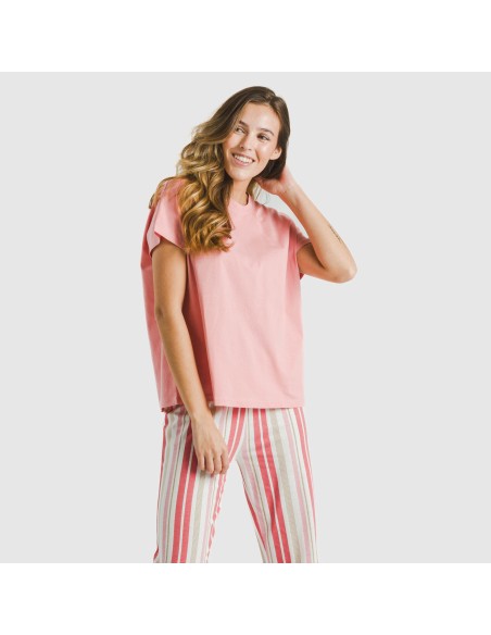 Pijama largo algodón mujer manga fluida Raya Calendula marsala