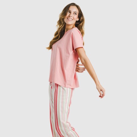 Pijama largo algodón mujer manga fluida Raya Calendula marsala