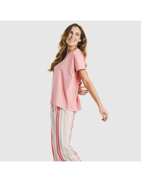 Pijama largo algodón mujer manga fluida Raya Calendula marsala