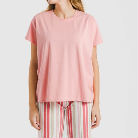 Pijama largo algodón mujer manga fluida Raya Calendula marsala