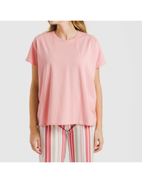 Pijama largo algodón mujer manga fluida Raya Calendula marsala