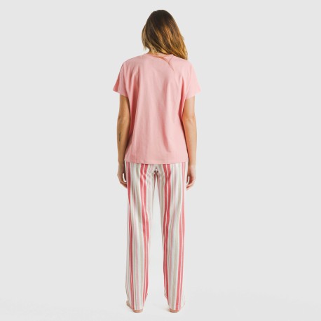 Pijama largo algodón mujer manga fluida Raya Calendula marsala