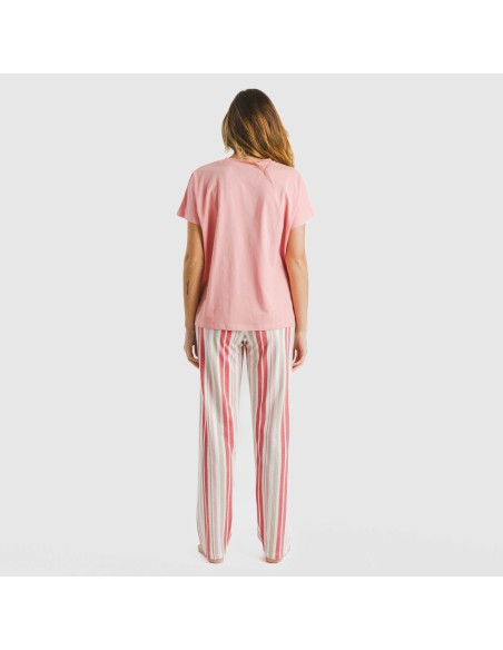 Pijama largo algodón mujer manga fluida Raya Calendula marsala