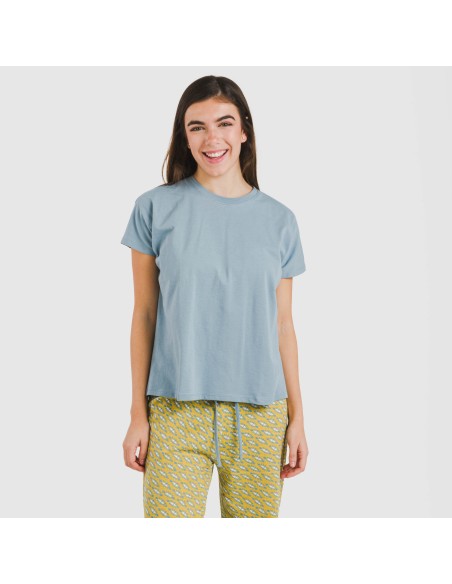 Pijama largo algodón mujer manga fluida Sisena agua marina