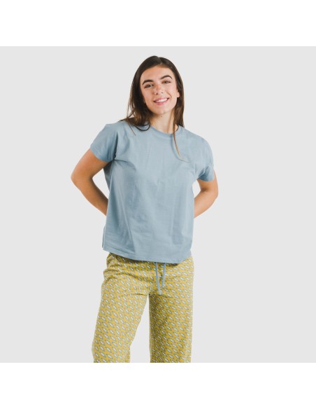 Pijama largo algodón mujer manga fluida Sisena agua marina