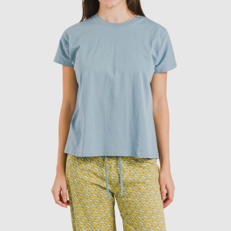 Pijama largo algodón mujer manga fluida Sisena agua marina