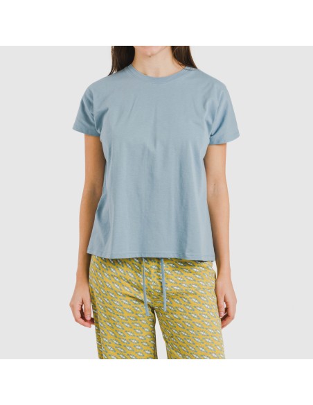 Pijama largo algodón mujer manga fluida Sisena agua marina