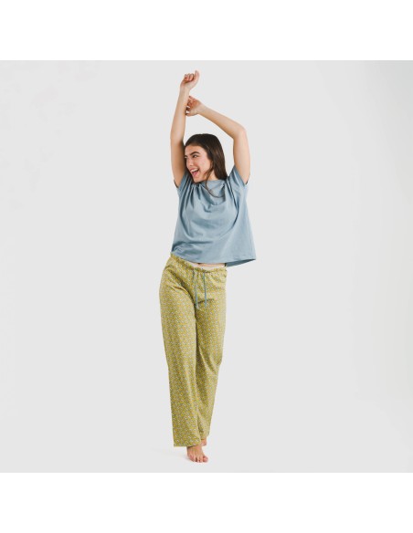 Pijama largo algodón mujer manga fluida Sisena agua marina