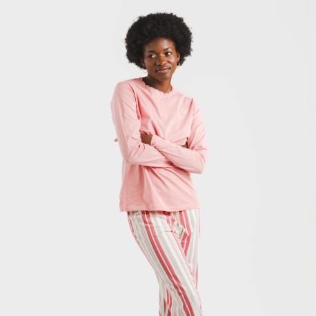 Pijama largo algodón Raya Calendula marsala