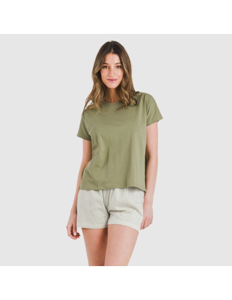 Pijama corto manga fluida algodón mujer Raya Mozarabe verde