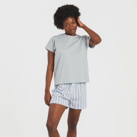 Pijama corto manga fluida algodón mujer Raya Marsella indigo