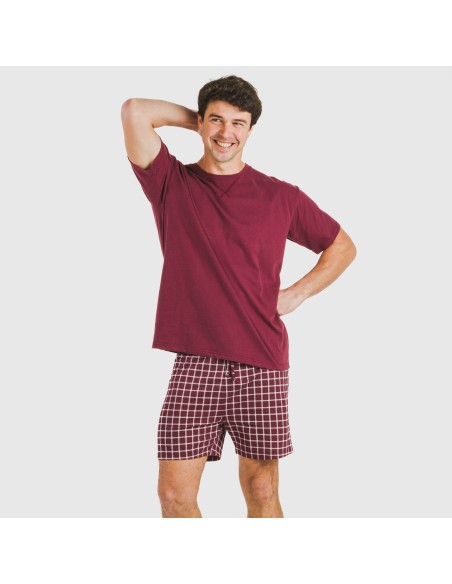 Pijama corto algodón hombre Cuadro Roberto burdeos