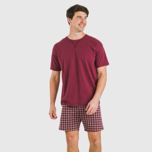 Pijama corto algodón hombre Cuadro Roberto burdeos 2