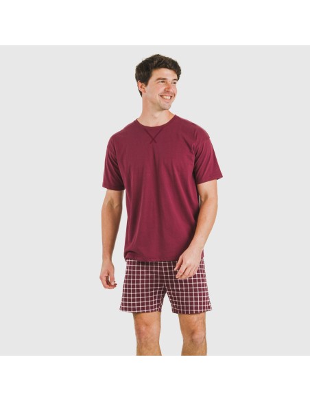 Pijama corto algodón hombre Cuadro Roberto burdeos