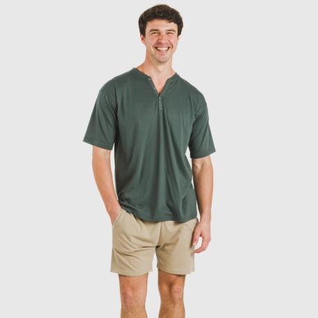 Pijama corto hombre con botones verde - arena